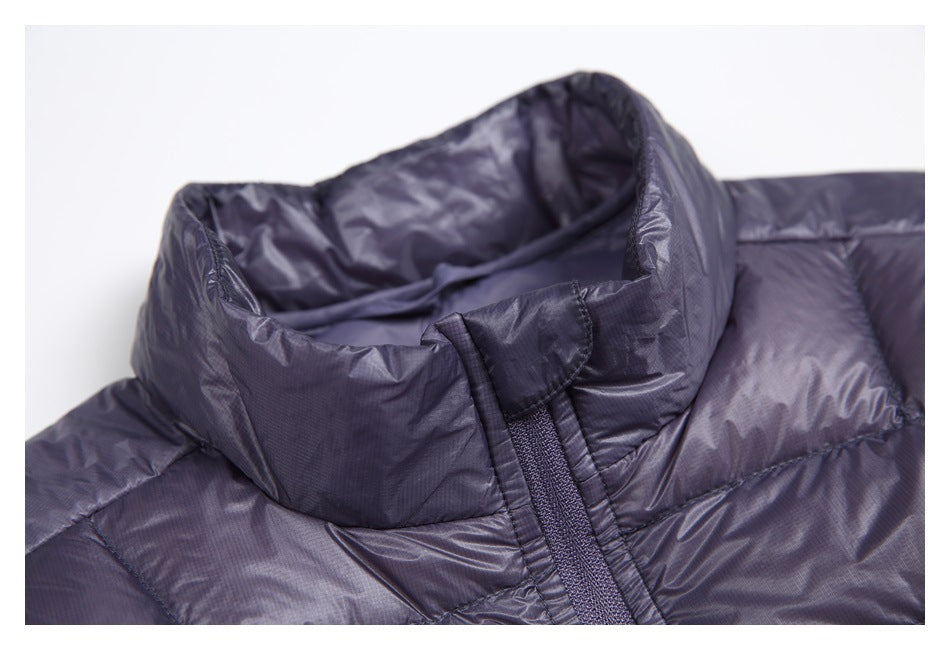 Close-up of the jacket's padded stand collar and upper front zipper with a protective flap.