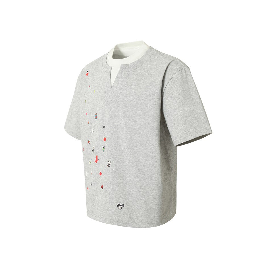 Angled front view of a light gray short-sleeve shirt with a split neckline, white inset, and small colorful motifs.