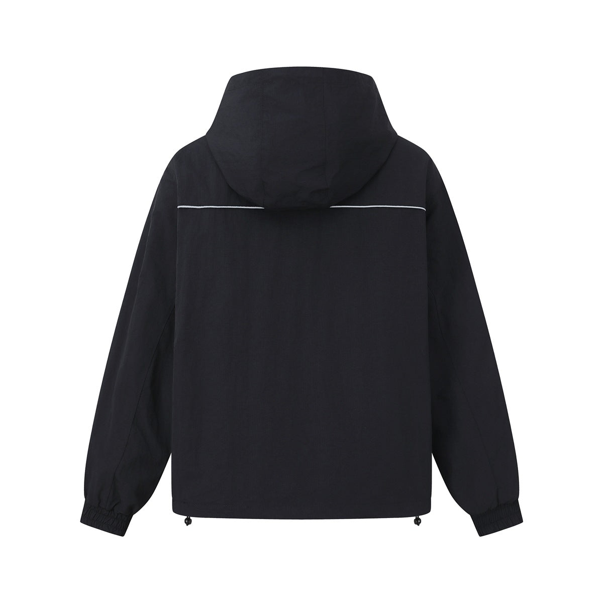 Back view of a black hooded jacket with a thin light stripe across the upper back.