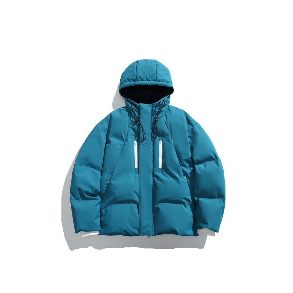 Lake blue hooded puffer jacket flat lay with white zipper pockets, hood drawcords and white inner cuffs