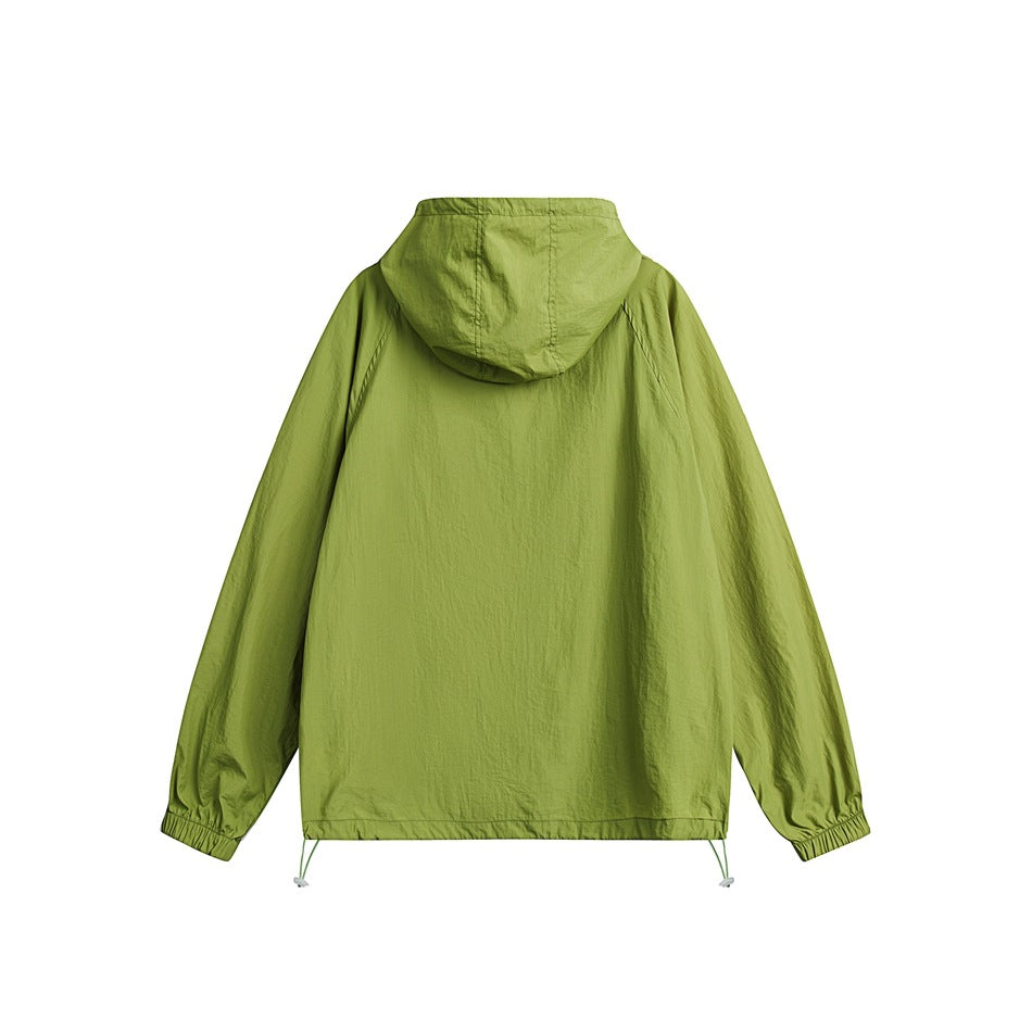 Back view of a lime-green hooded jacket displayed flat against a white background.