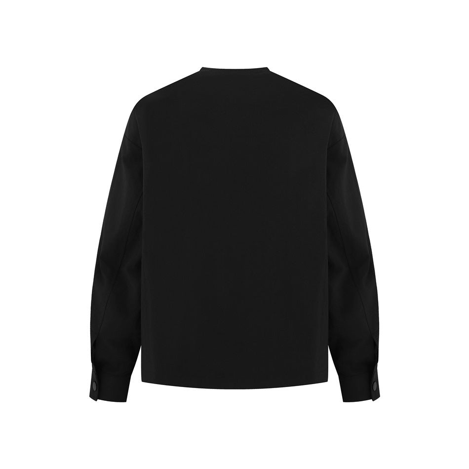 Back view of a plain black long-sleeved top with a straight hem and buttoned cuffs.