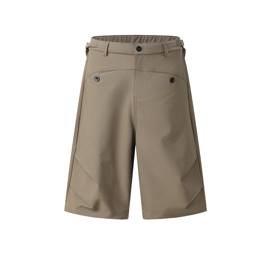 Khaki-brown knee-length wide-leg shorts with center button, side buckle straps and curved front pockets