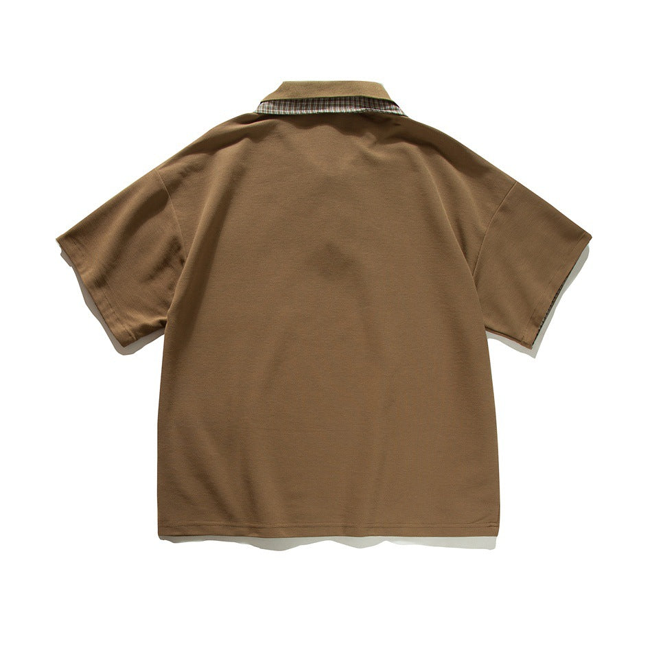 Coffee brown short-sleeve polo shirt, flat back view with plaid undercollar and plain back panel