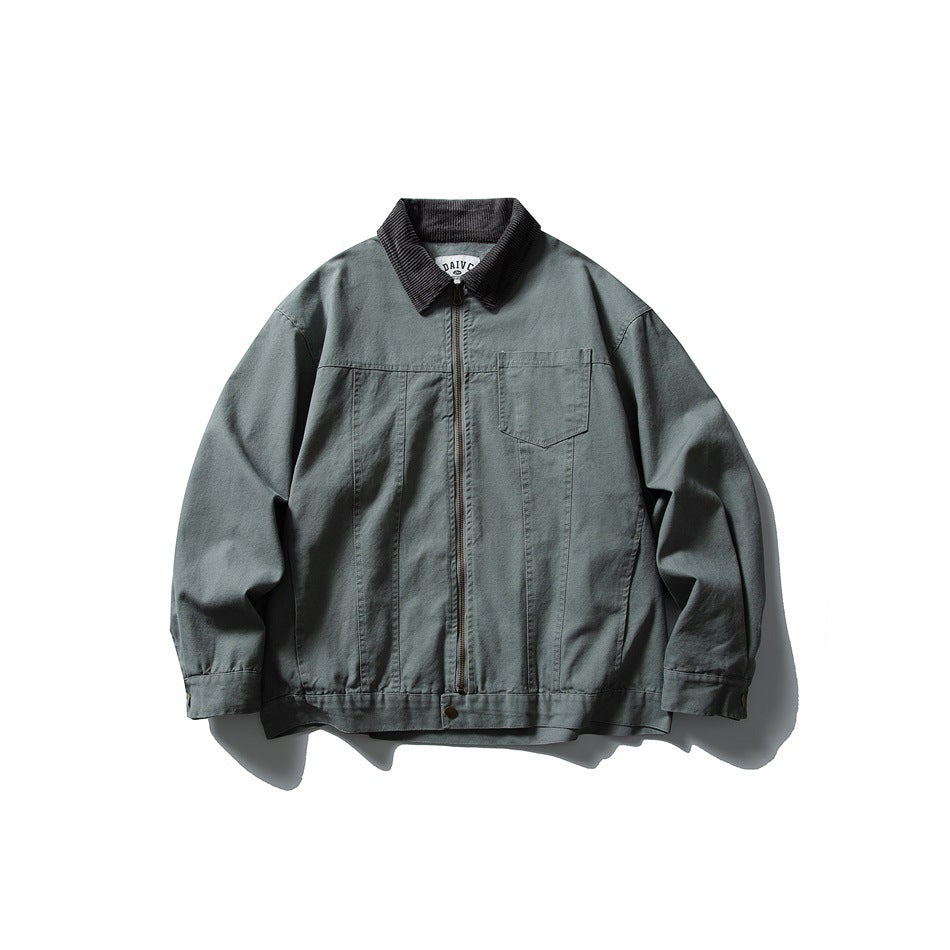 Hazy blue-gray zip-front jacket with dark corduroy collar and chest pocket, flat lay on white background