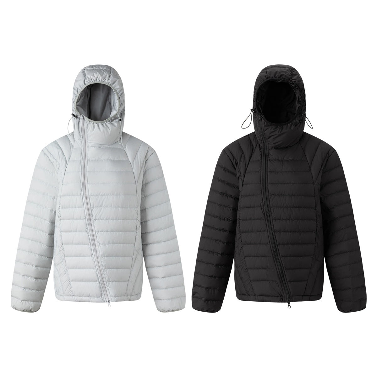 Front views of hooded quilted jackets in light gray and black, each with an angled zipper and drawcords.