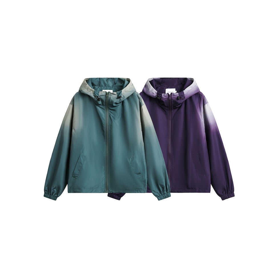 Two front-facing hooded zip jackets shown together in teal and purple, with light contrasting hood and shoulder panels.