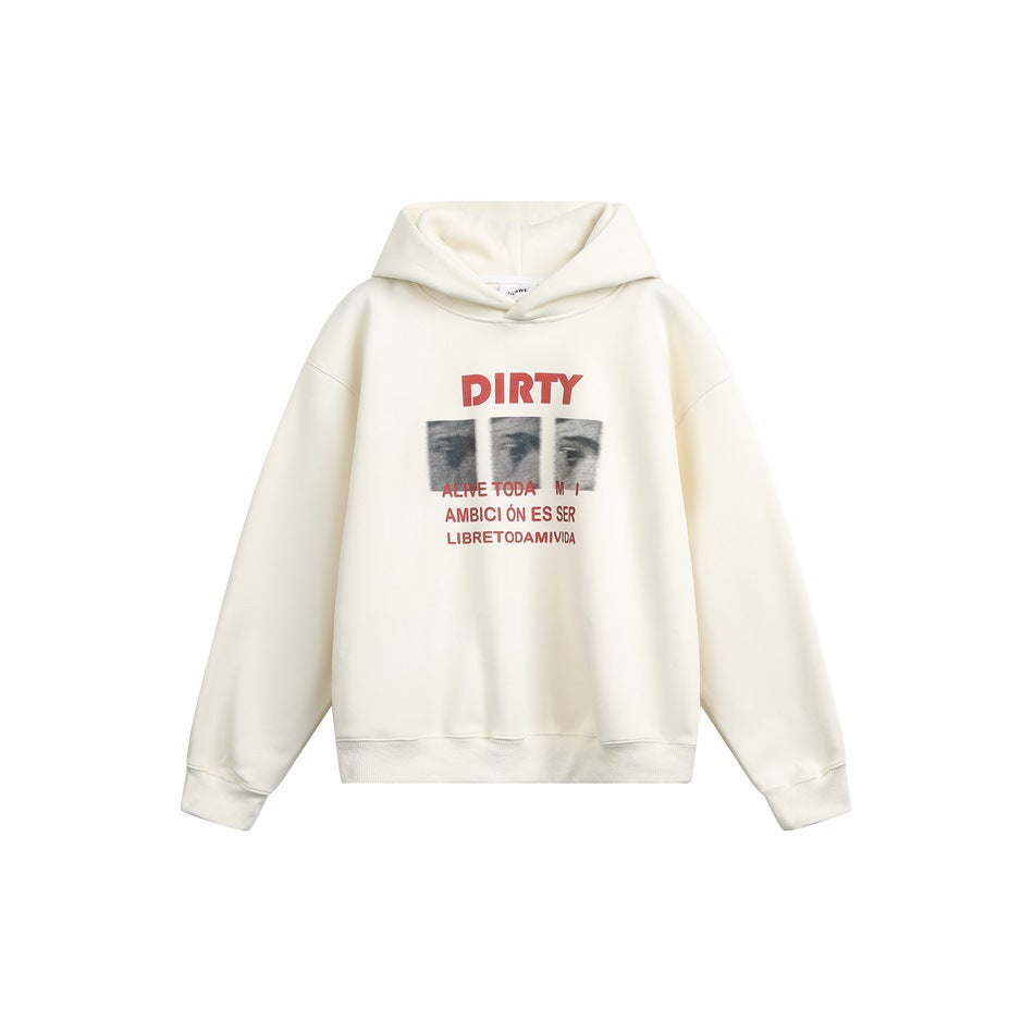 Off-white pullover hoodie flat lay with red DIRTY print and three grayscale eye panels on the chest