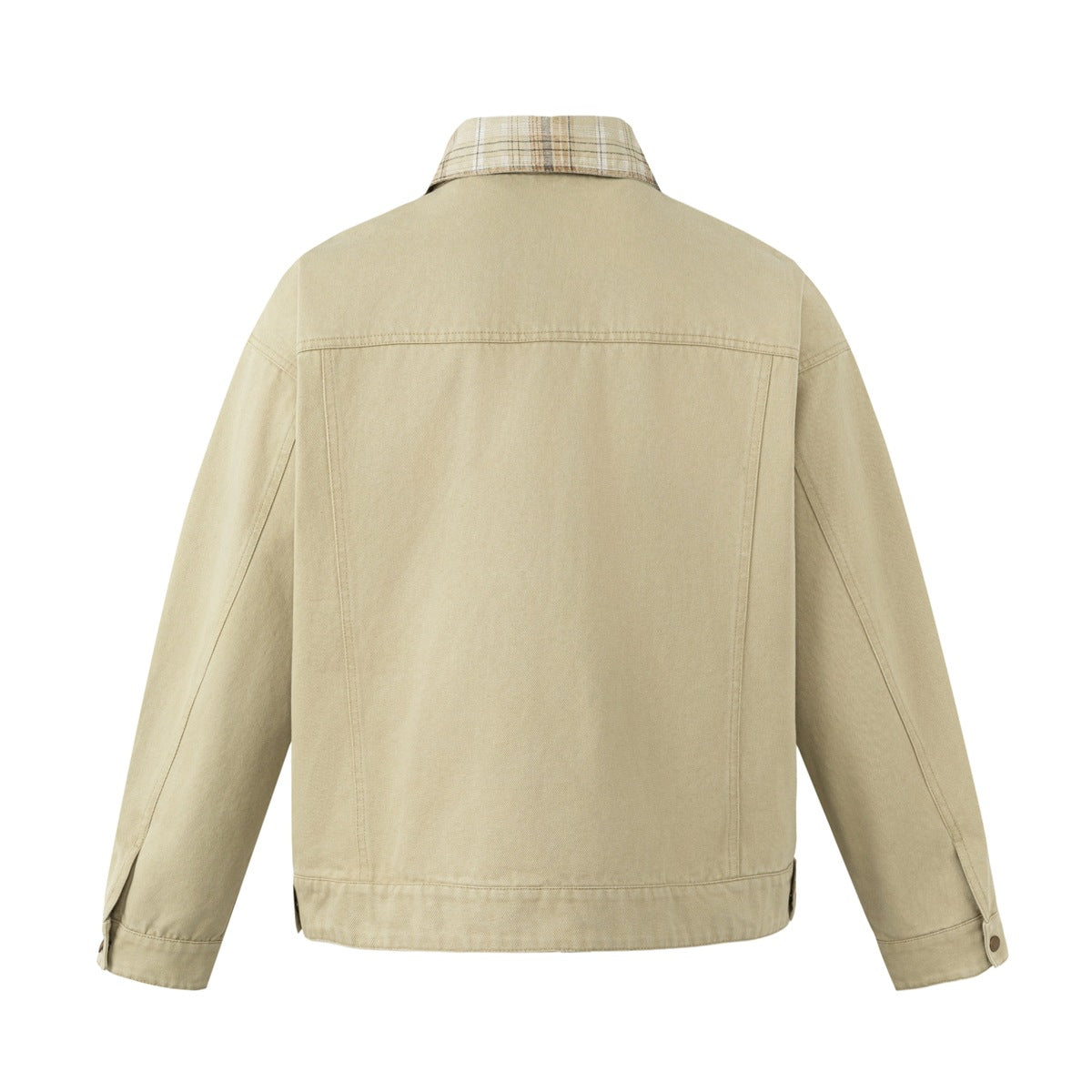 Back view of a sand-beige jacket with a plain body, long sleeves, and a beige plaid collar.