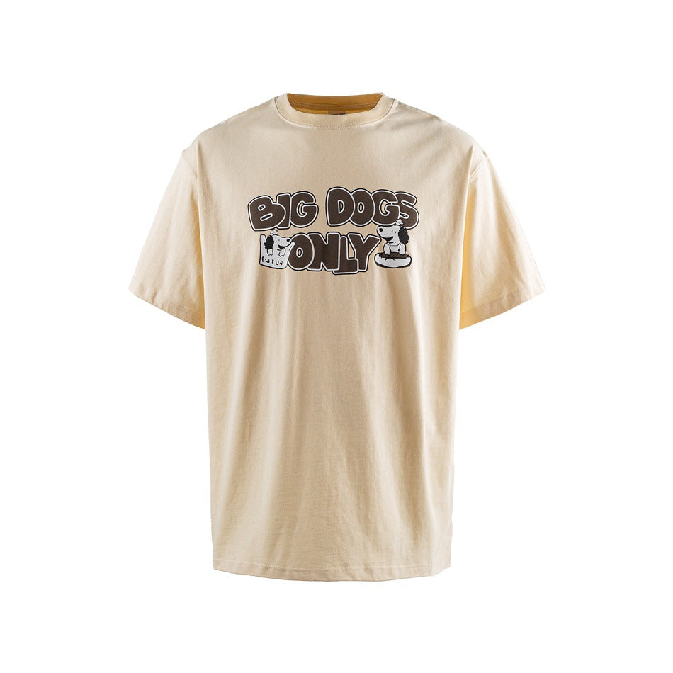 Light apricot crew-neck T-shirt with brown 'BIG DOGS ONLY' cartoon dog chest print, front view flat