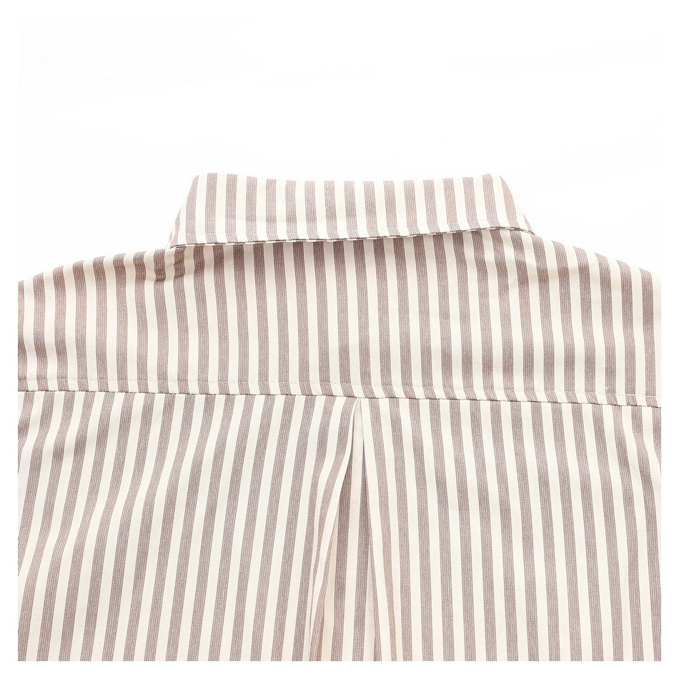 Upper back of a cream shirt with narrow taupe stripes, a pointed collar, yoke seam, and center pleat.