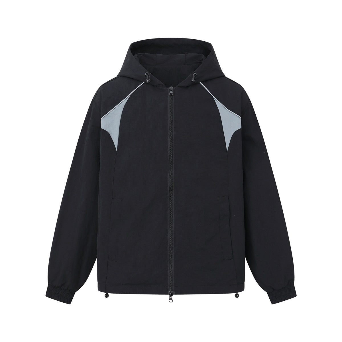 Black hooded zip jacket with light gray shoulder panels, white piping, front pockets and elastic cuffs, front view