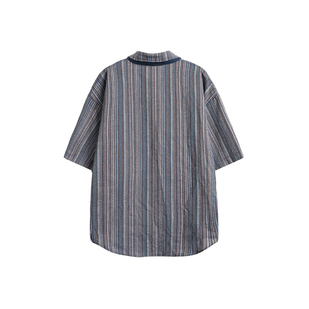 Back view of a dark short-sleeve shirt with narrow multicolor vertical stripes and navy collar trim.