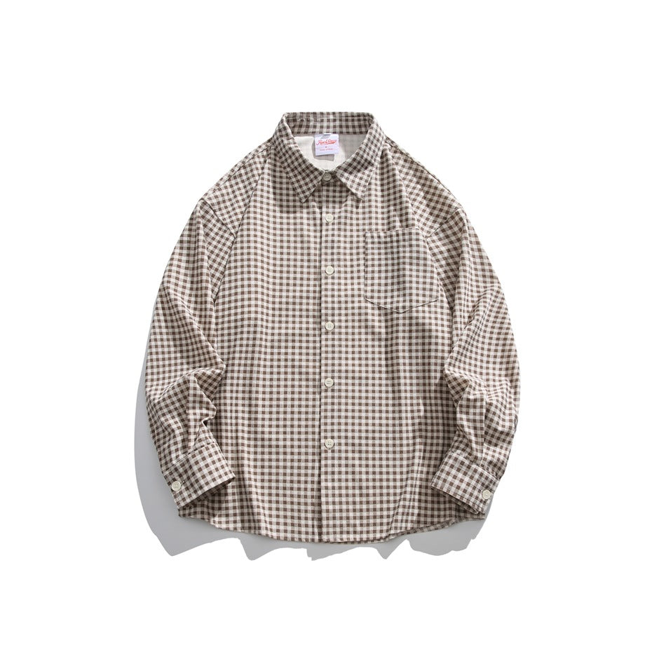 Beige and brown small gingham long-sleeve button-up shirt with chest pocket, flat lay