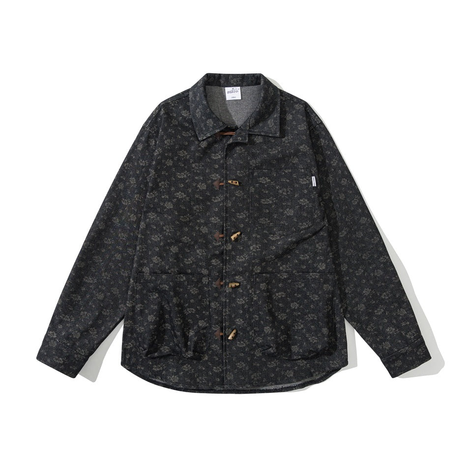 Black floral-pattern long-sleeve shirt jacket with toggle buttons and patch pockets, flat front view