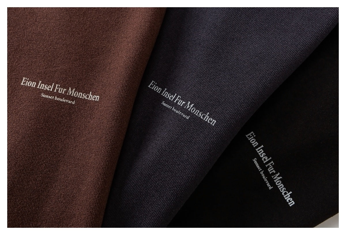 Three dark fabric colorways—brown, charcoal, and black—each with the same white lettering print.