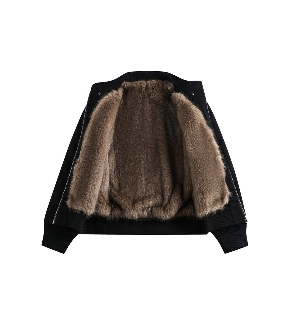 Black jacket opened flat, showing a thick brown plush lining, front zipper edges, and ribbed cuffs and hem.