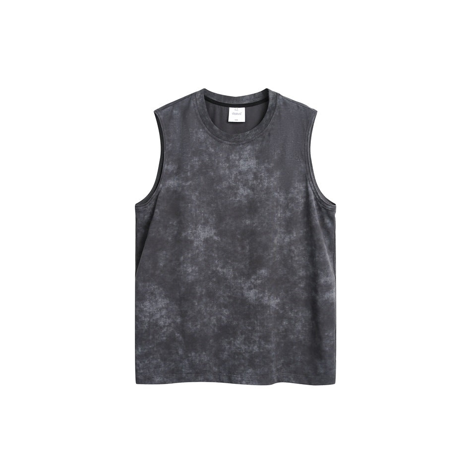 Flat-lay front of a sleeveless crew-neck tank top in mottled washed charcoal gray