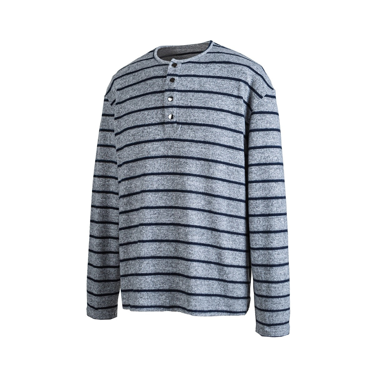 Front view of a light gray long-sleeve henley shirt with dark horizontal stripes and a four-button placket.