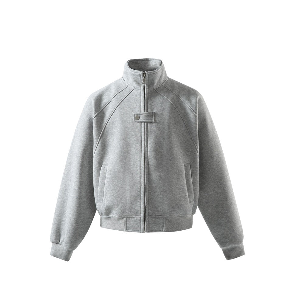 Heather gray stand-collar zip jacket with raglan sleeves, chest snap tab, front pockets and ribbed cuffs, front view