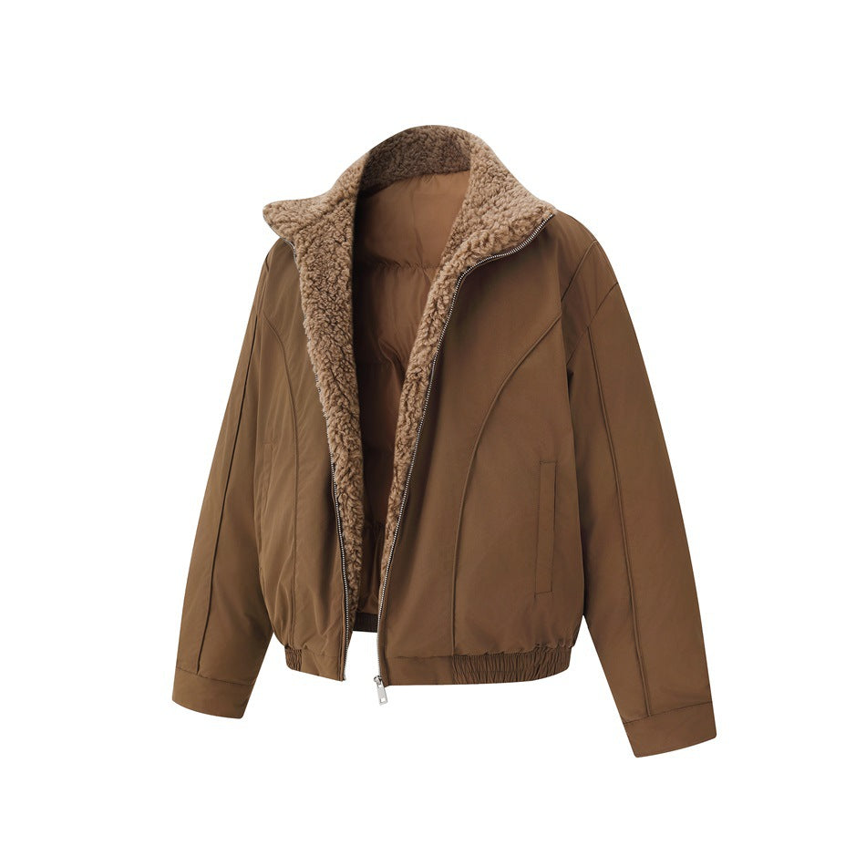 Brown zip-front jacket shown open, revealing its plush lining, high collar, and side pockets.