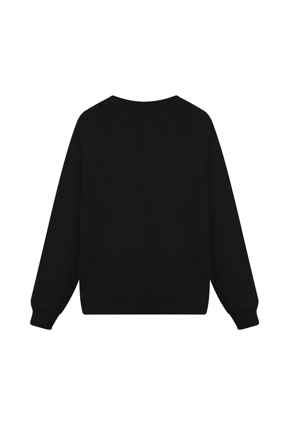 Back view of a black rib-knit sweater with a crew neck, long sleeves, and ribbed cuffs and hem, on white.