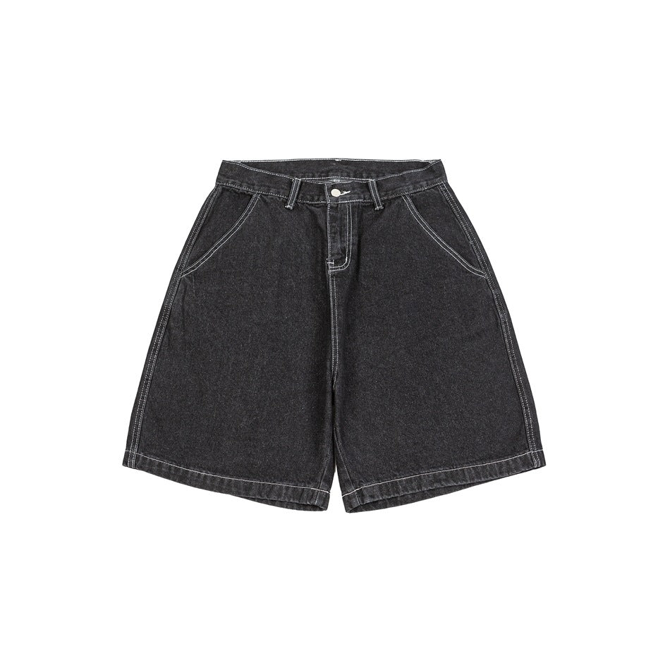 Black washed denim knee-length shorts with contrast stitching, front view on a white background