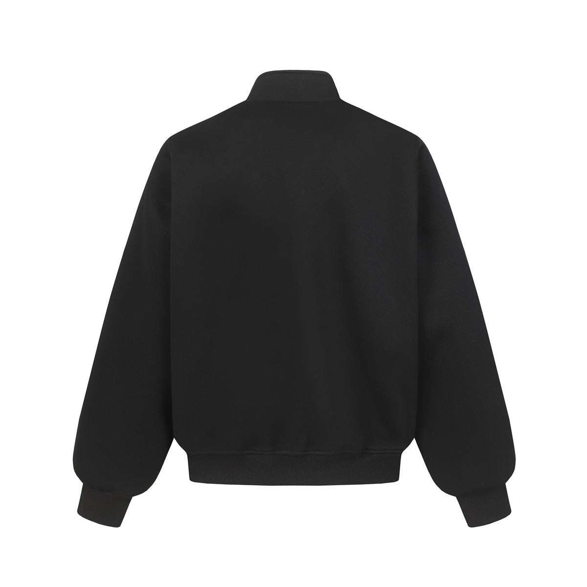 Back view of a plain black jacket with a stand collar, full sleeves, ribbed cuffs, and ribbed hem.