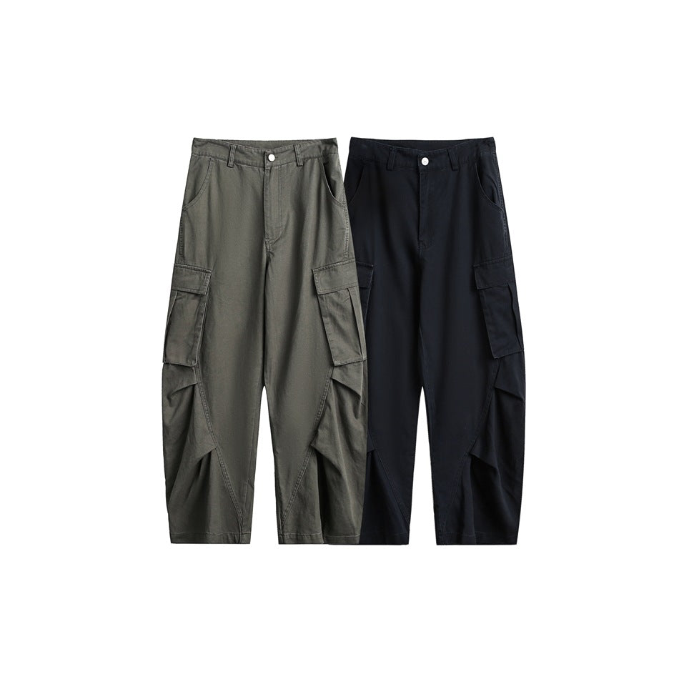 Front view of two loose cargo pants with large side pockets, shown in olive gray and black.