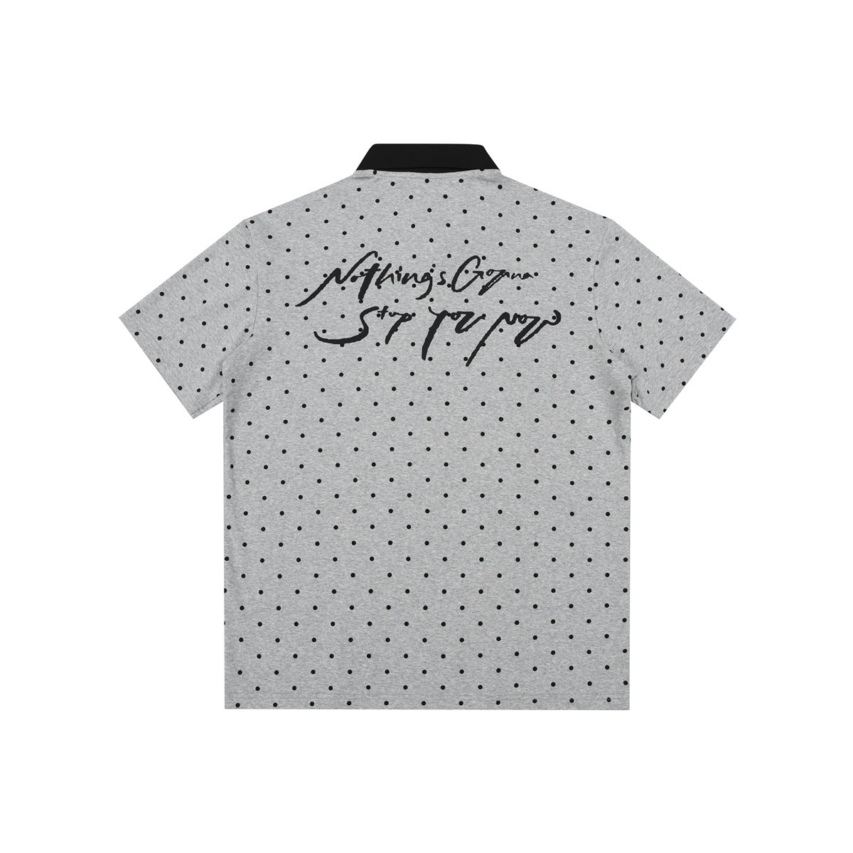 Back of gray polo shirt with black polka dots, black collar and black handwritten script graphic on the upper back
