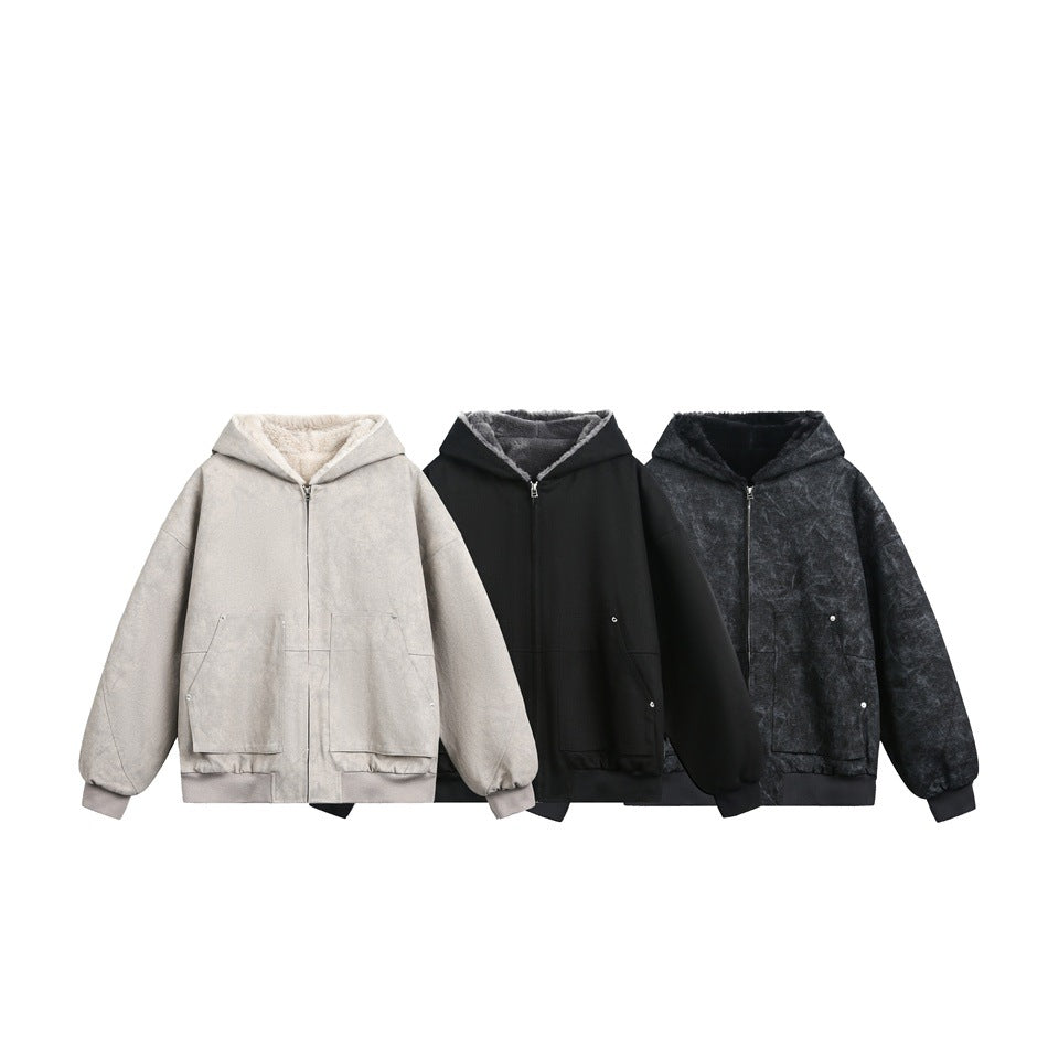Three hooded zip-front jackets shown together in light taupe, black, and dark mottled gray.