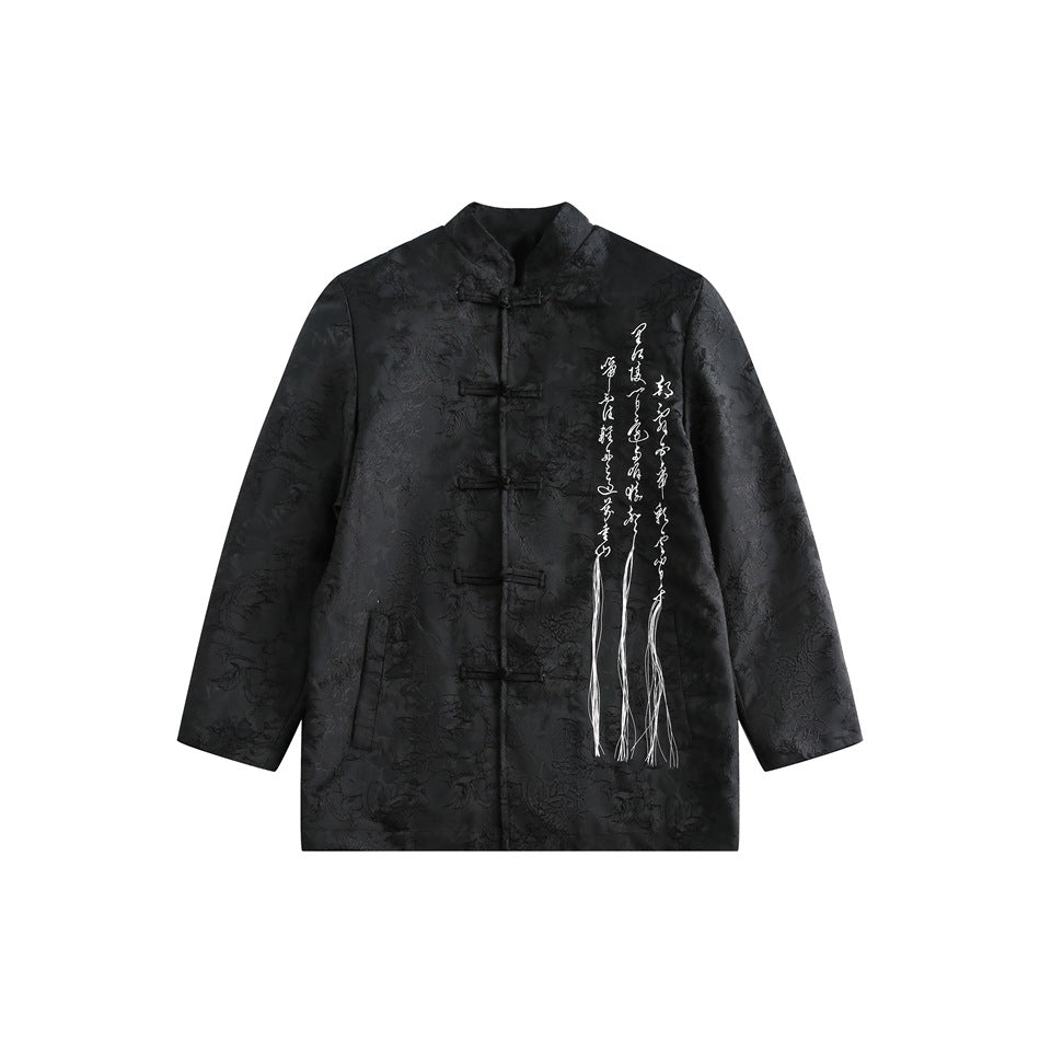Black stand-collar jacket with frog-button front, tonal floral jacquard and white script embroidery with tassels