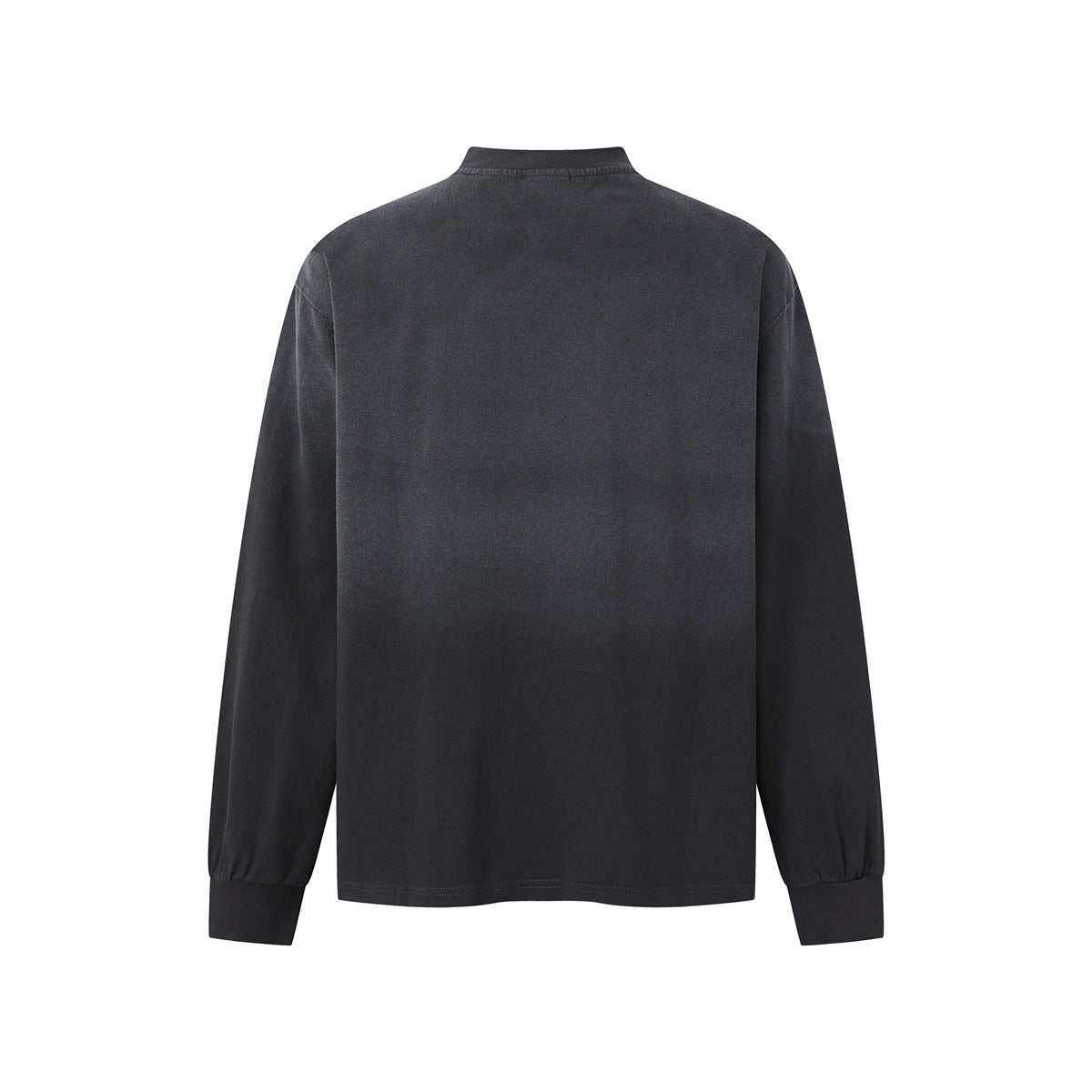 Back view of a plain charcoal long-sleeve shirt with a ribbed collar and cuffs.