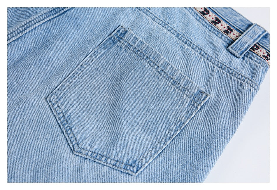 Close-up of a light blue denim back pocket, waistband, belt loop, and patterned trim.