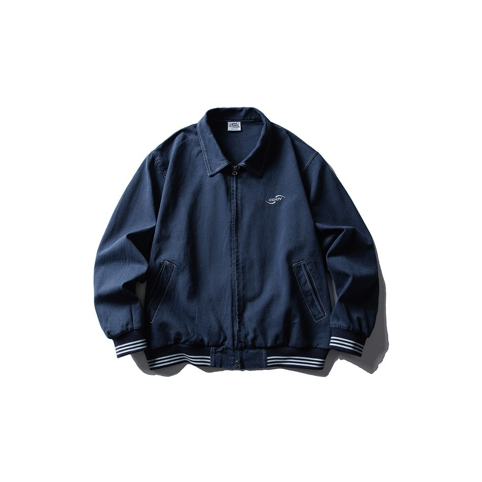 Navy blue zip-front collared jacket with striped ribbed cuffs and hem, flat lay front view