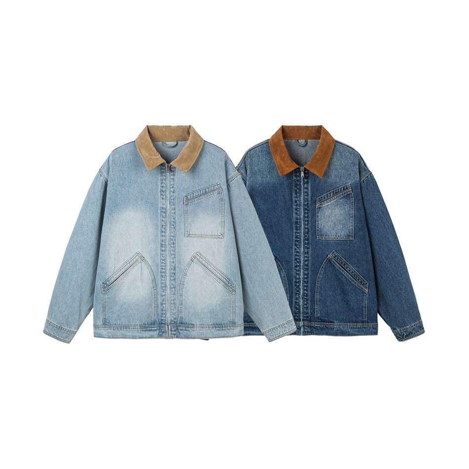 Two denim jackets displayed side by side in light and dark blue washes, each with a contrasting brown collar.