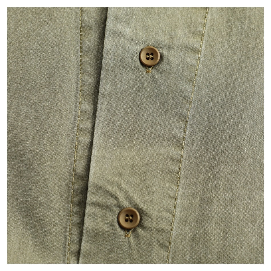 Close-up of an olive-gray garment's front placket with two brown buttons and visible stitching.