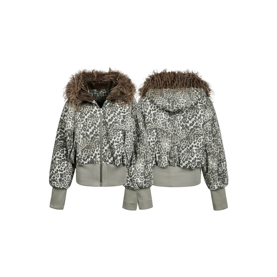 Front and back views of a gray leopard-print jacket with a brown fur-trimmed hood and beige ribbed cuffs and hem.