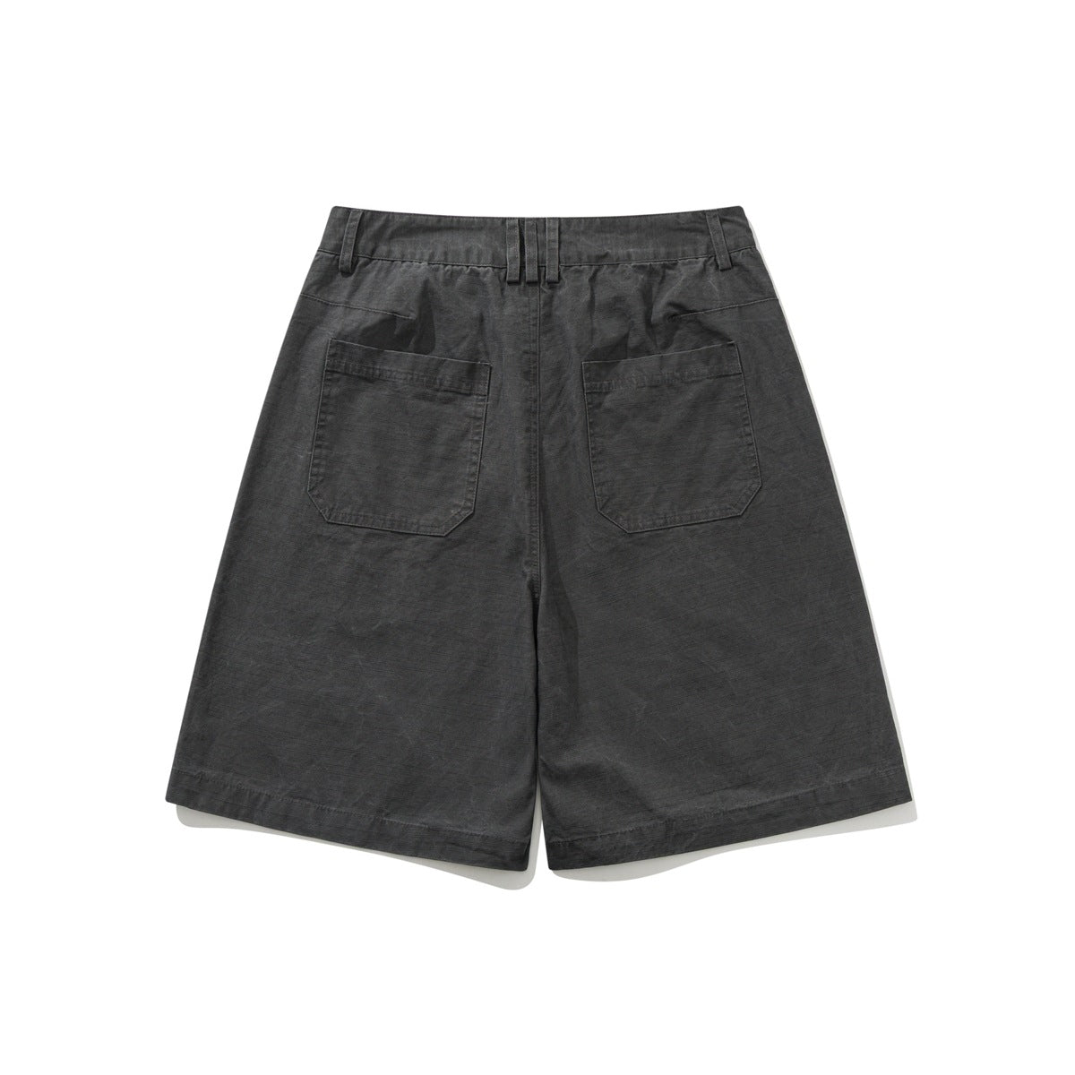 Back view of charcoal shorts with two patch pockets, belt loops and a wide straight-leg cut.