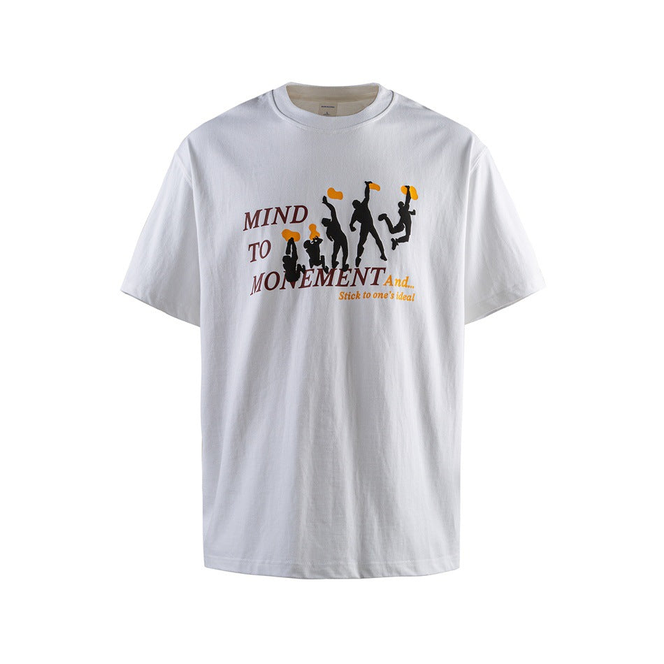 White short-sleeve crew-neck T-shirt, flat front view, with MIND TO MONEMENT print and black silhouettes with orange shapes