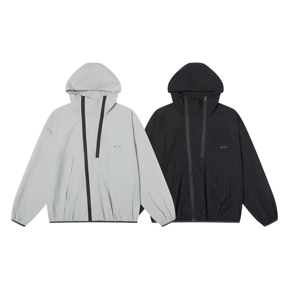 Front views of the same hooded jacket in light gray and black, each with black zippers.