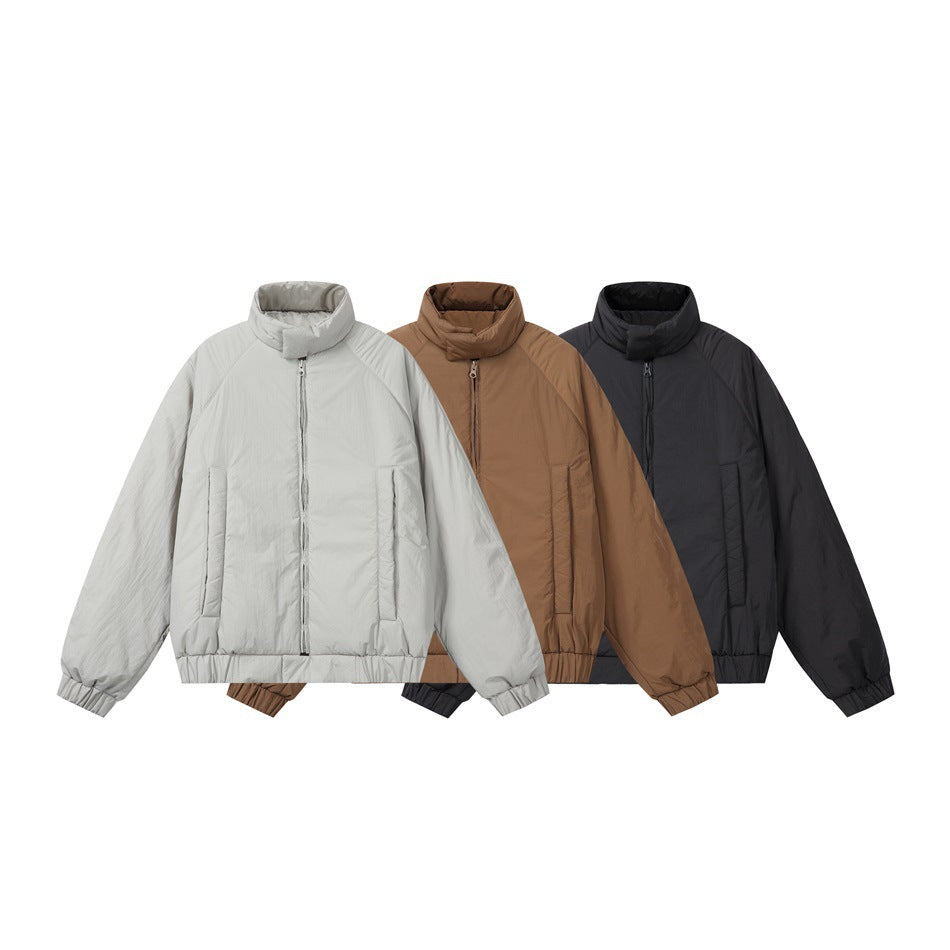 Three front views of a high-collar zip jacket in light gray, brown, and black.
