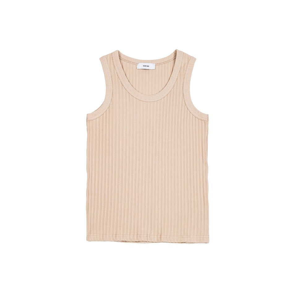 Light apricot ribbed sleeveless tank top with scoop neckline, flat lay front view