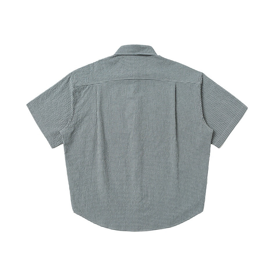 Back view of a gray checked short-sleeve button-up shirt.