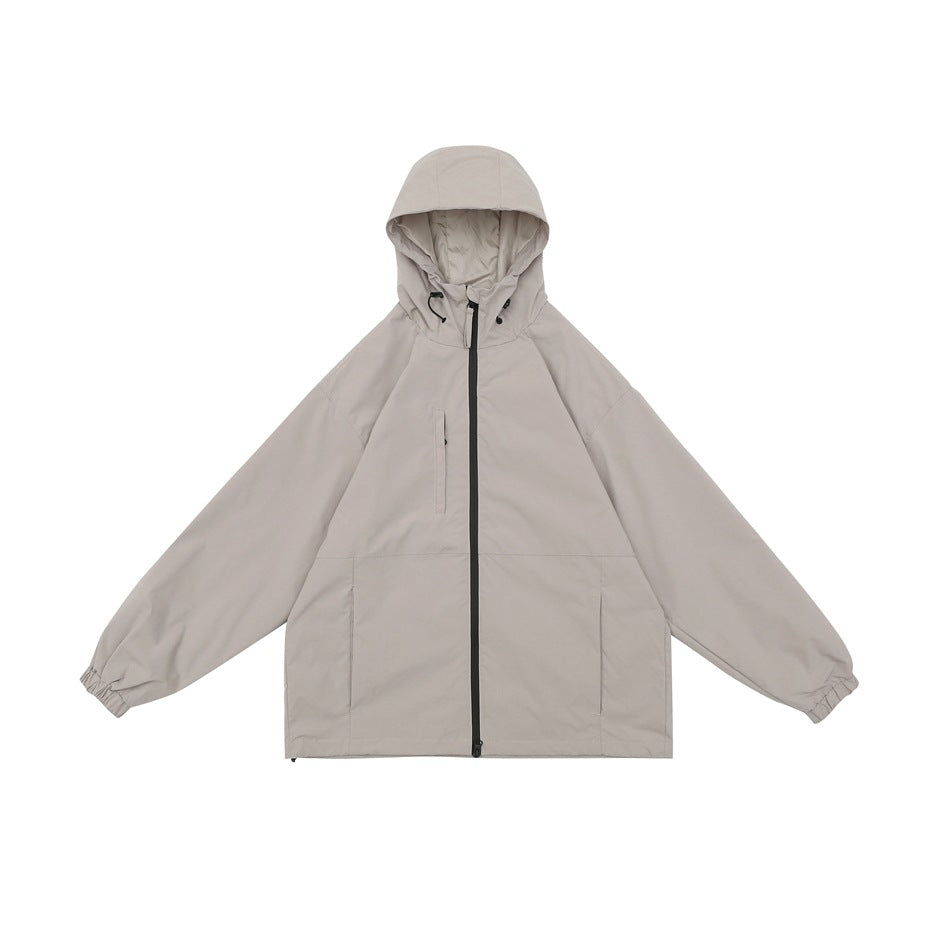 Gray khaki hooded zip-up jacket laid flat, front view with dark zipper, front pockets and elastic cuffs