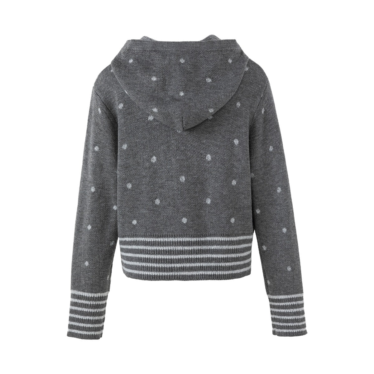 Back view of a gray hooded cardigan with scattered white dots and horizontal white stripes at the hem and cuffs.