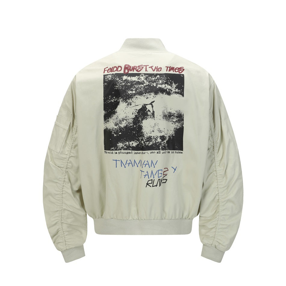 Beige bomber jacket back view with large black-and-white graphic print, ribbed collar, cuffs and hem