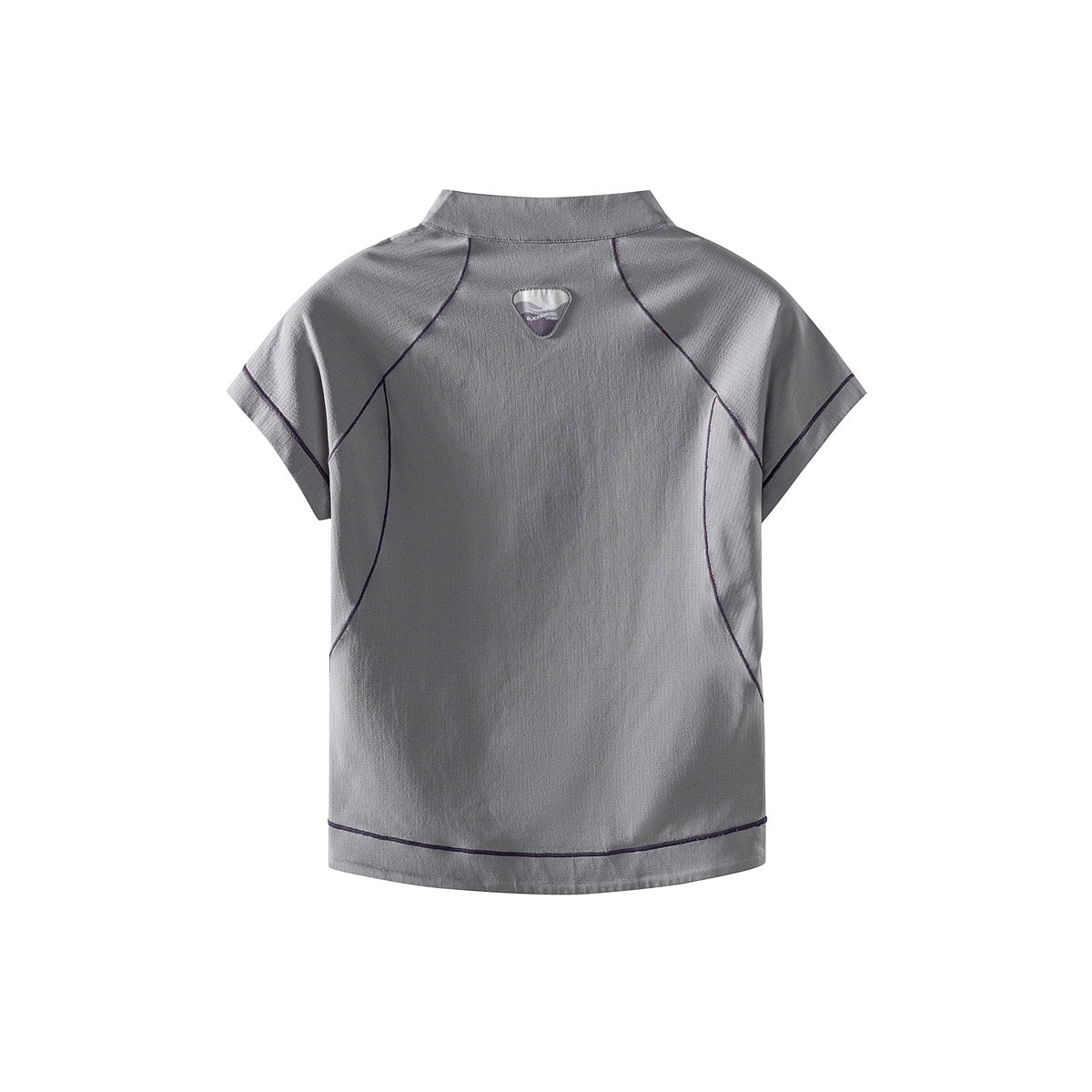 Back view of a gray short-sleeve top with a stand collar, dark contrast piping, and a small upper-back patch.