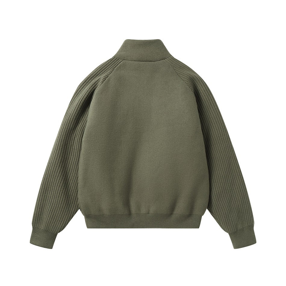 Back of an olive green knit jacket with a stand collar, ribbed raglan sleeves, and ribbed hem and cuffs.