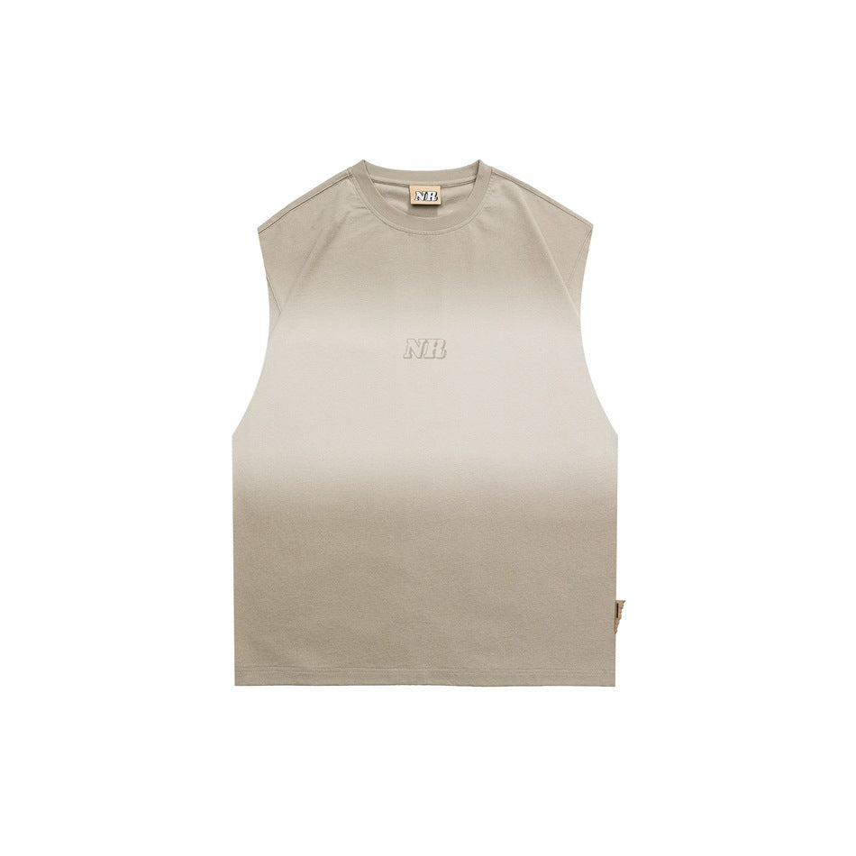 Khaki gradient-dyed sleeveless tank top, front view, with small tonal NR logo on chest